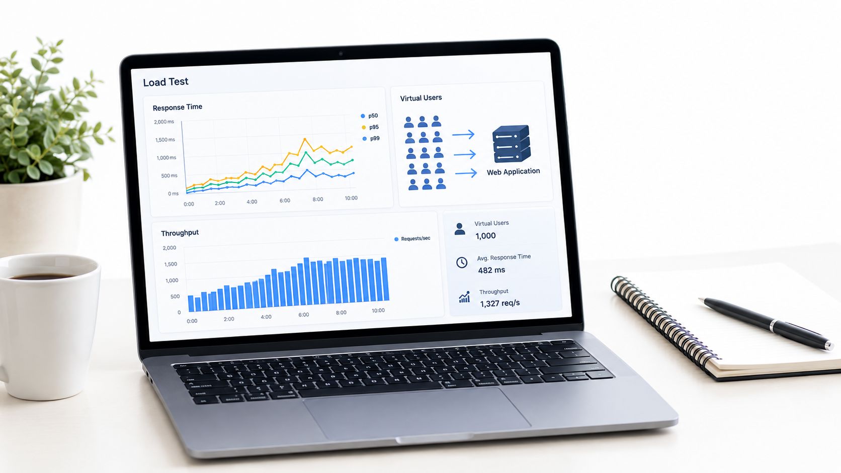 A laptop on a desk showing a web application load testing dashboard with metrics and charts.