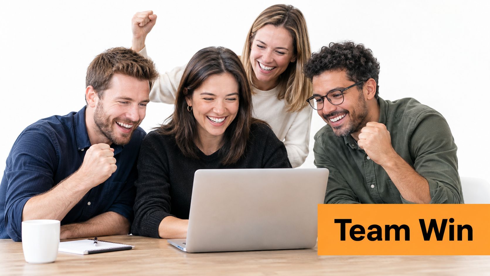 A diverse team of four colleagues cheering while celebrating a successful achievement together in front of a laptop.