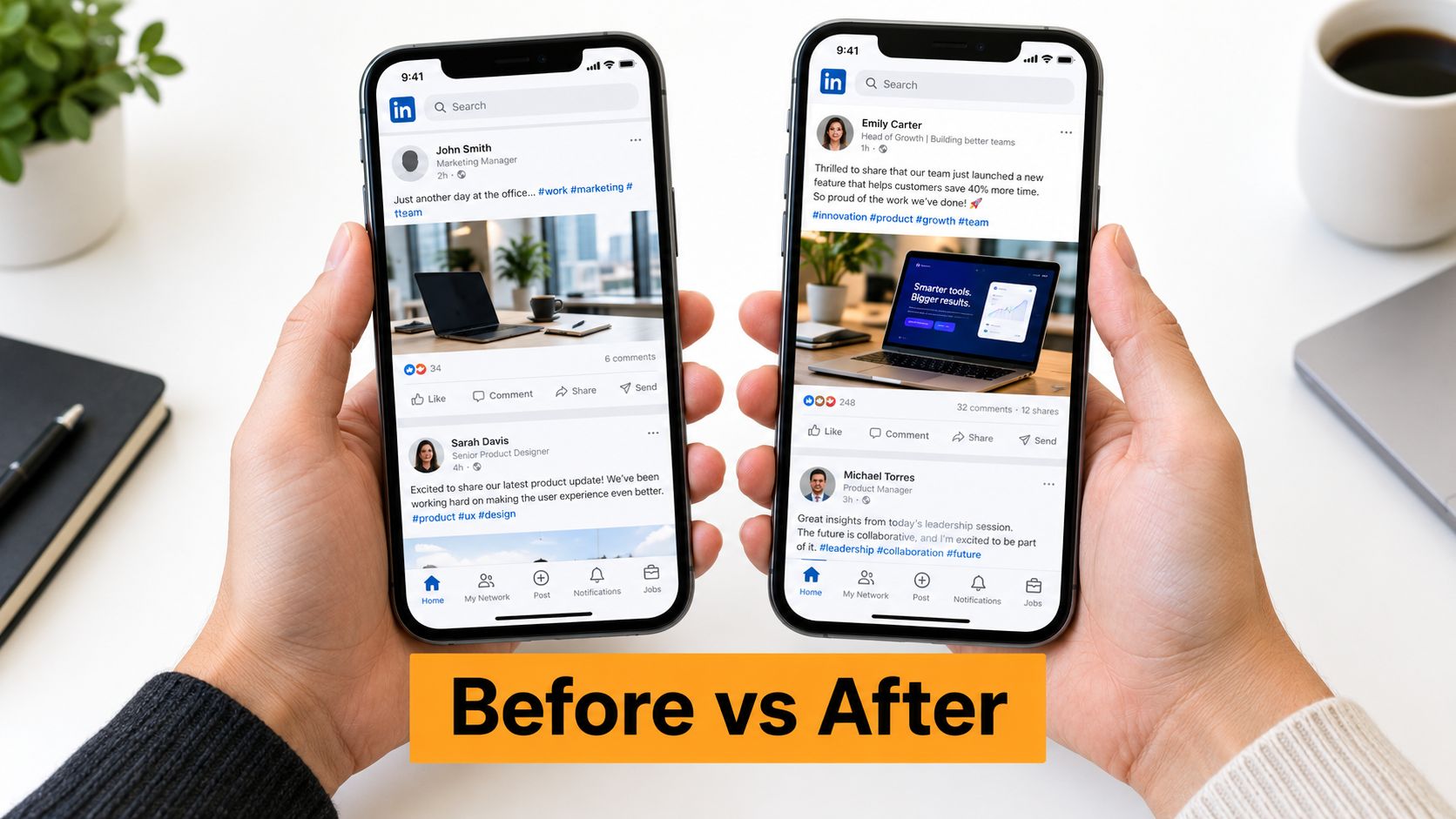 Two smartphones held in hands displaying LinkedIn social media feeds comparing content performance before and after.