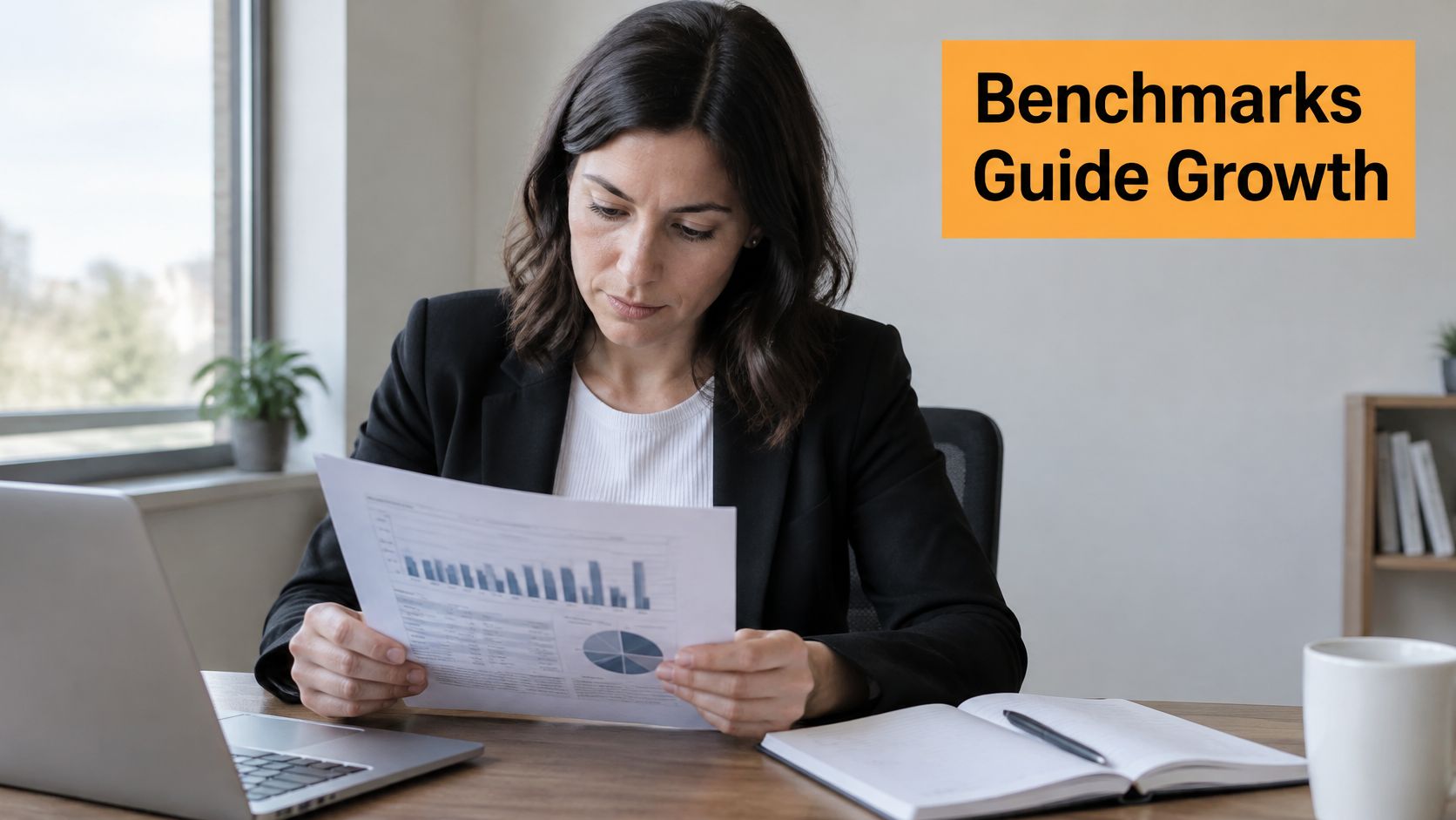 A professional woman in a business suit reviewing financial charts while working at her office desk.