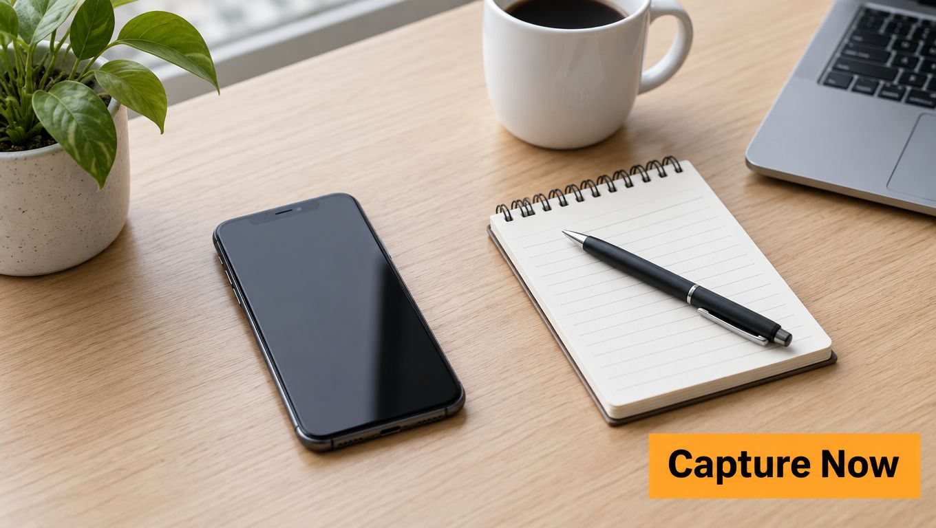 A modern workspace desk featuring a smartphone, a notepad with a pen, coffee, and a green plant.