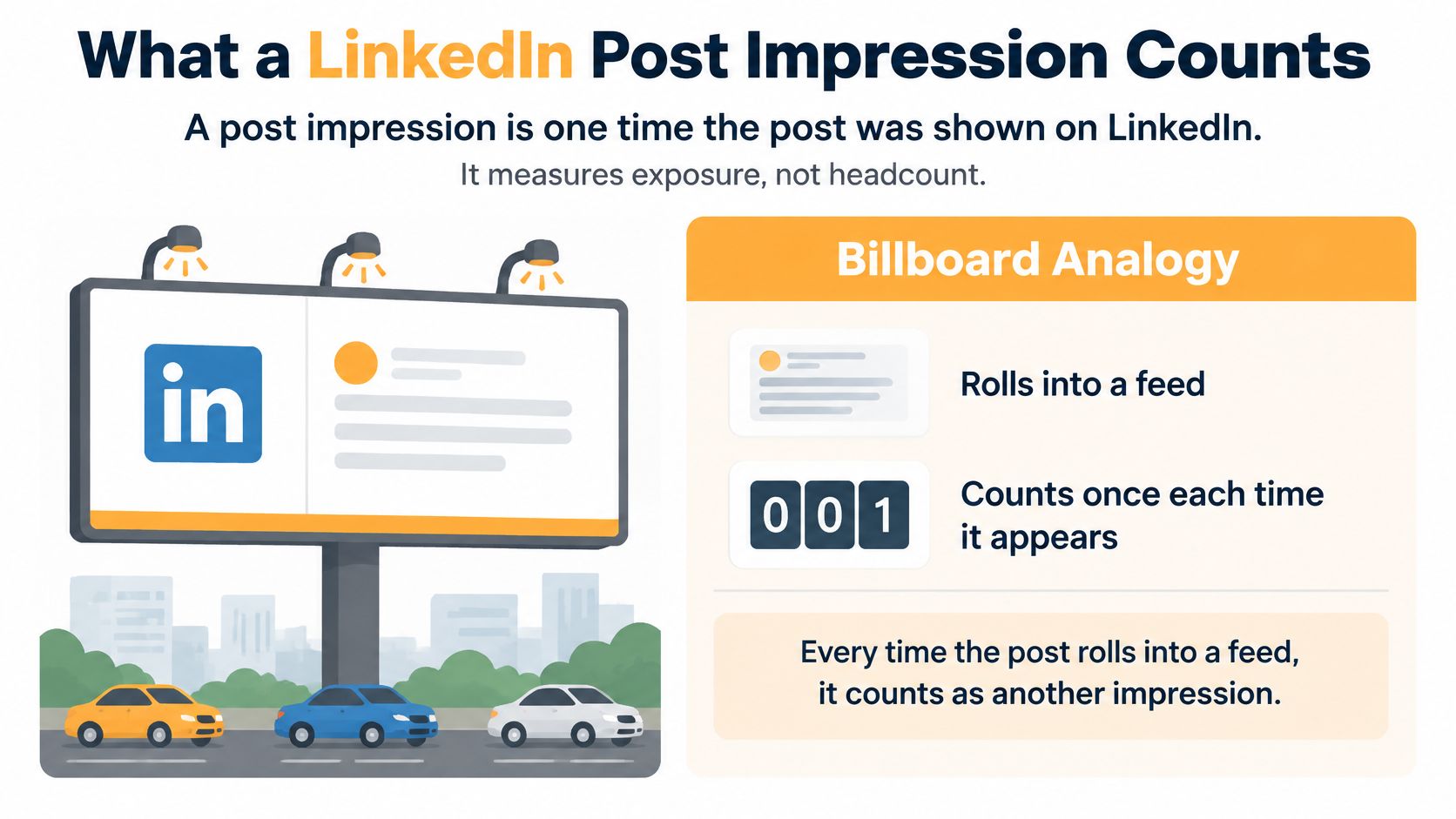 En infografik, der forklarer LinkedIn-opslagsindtryk ved hjælp af en vejskilt-analogi med biler, der kører forbi.