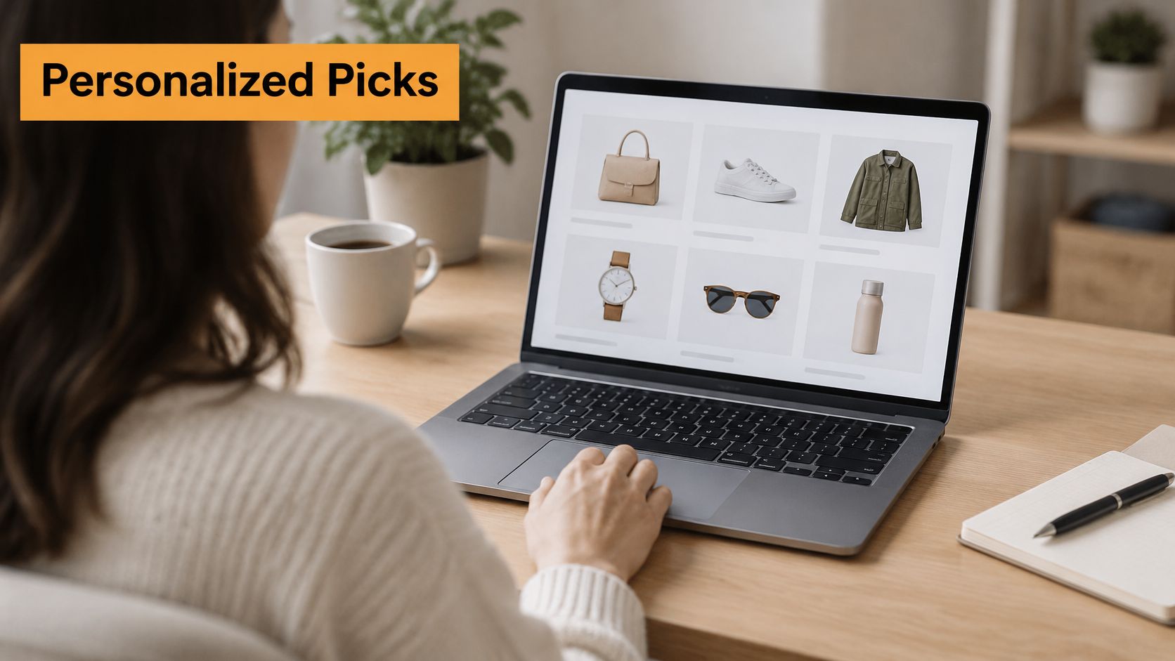 Una mujer usando un portátil para navegar por recomendaciones de compras personalizadas en un sitio web de comercio electrónico en casa.
