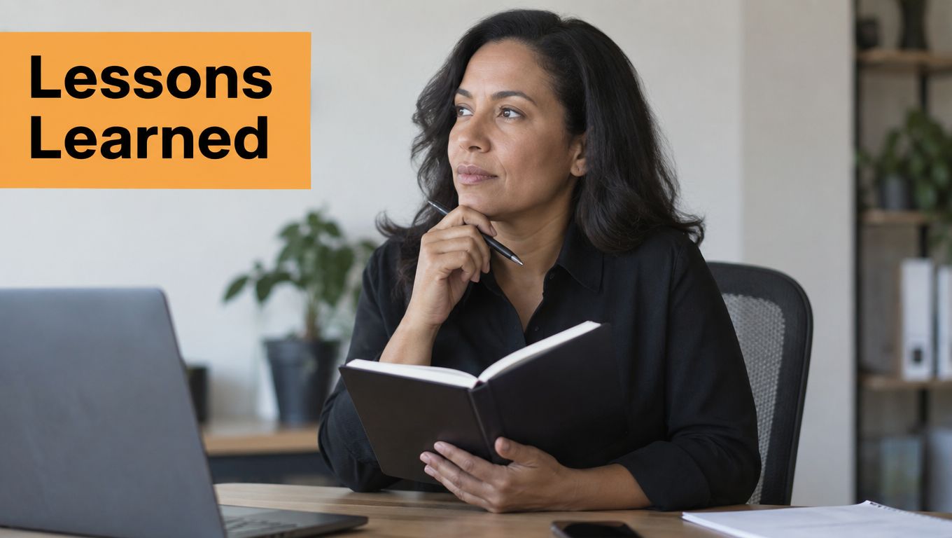 A professional woman sitting at a desk with a laptop and notebook, reflecting on lessons learned.