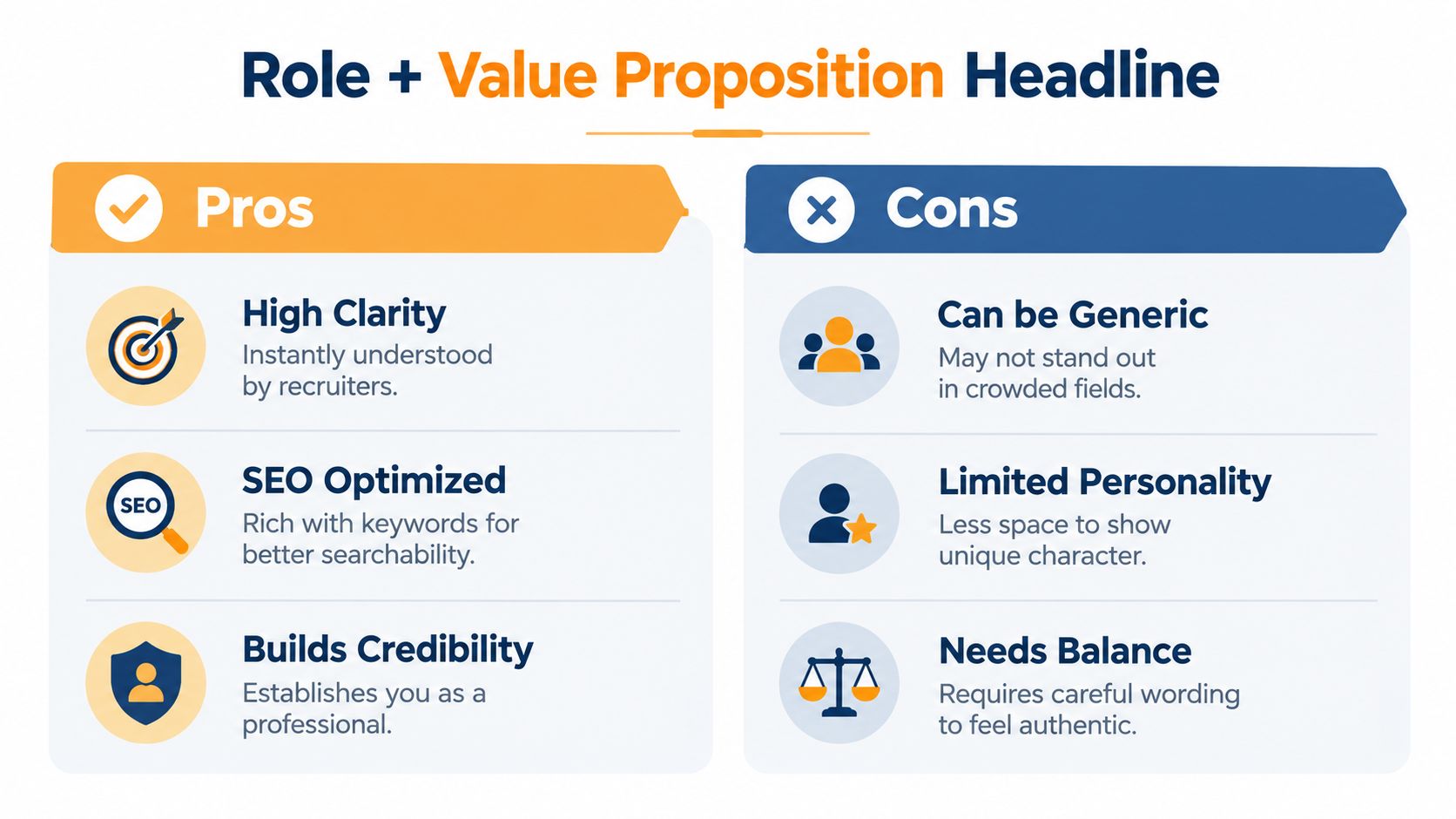 Un tableau comparatif montrant les avantages et les inconvénients de l’utilisation d’un titre LinkedIn basé sur le rôle et la proposition de valeur.