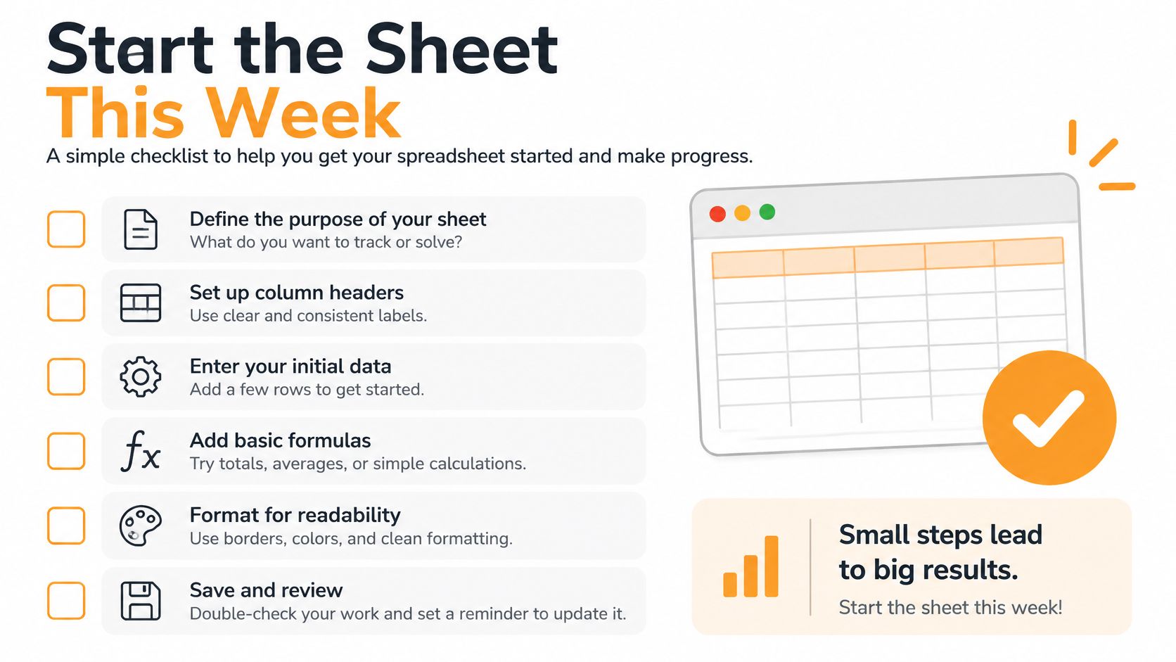 An infographic checklist for starting a spreadsheet, featuring steps like defining purpose, formulas, and formatting.