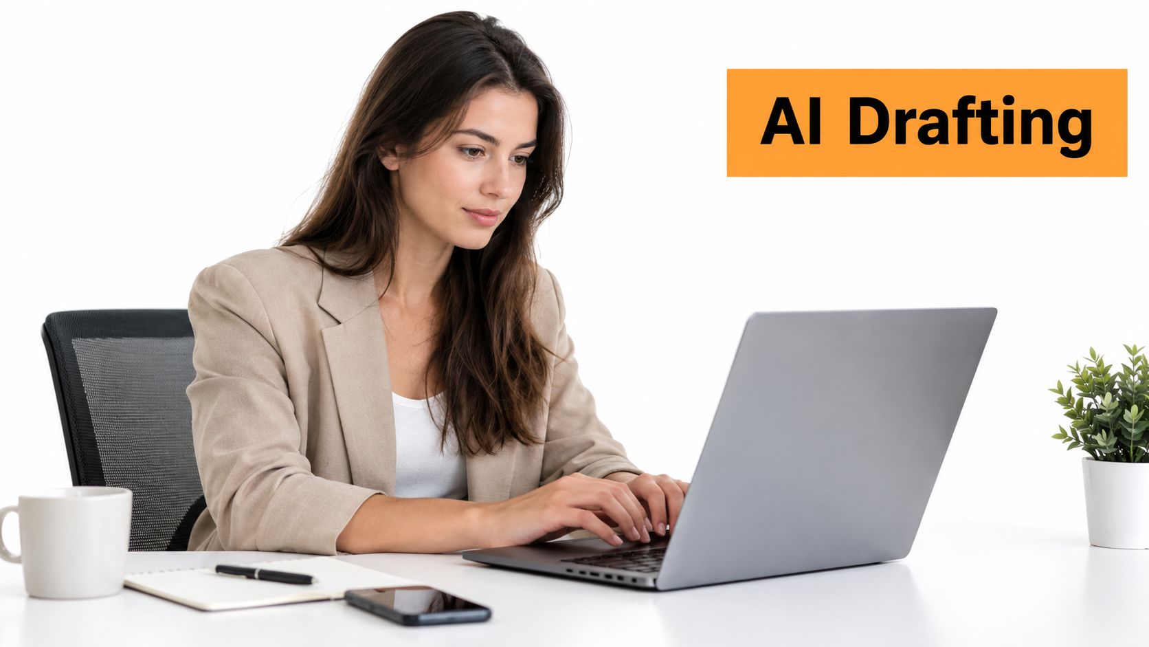 A professional woman typing on her laptop at an office desk, illustrating AI drafting software tools.