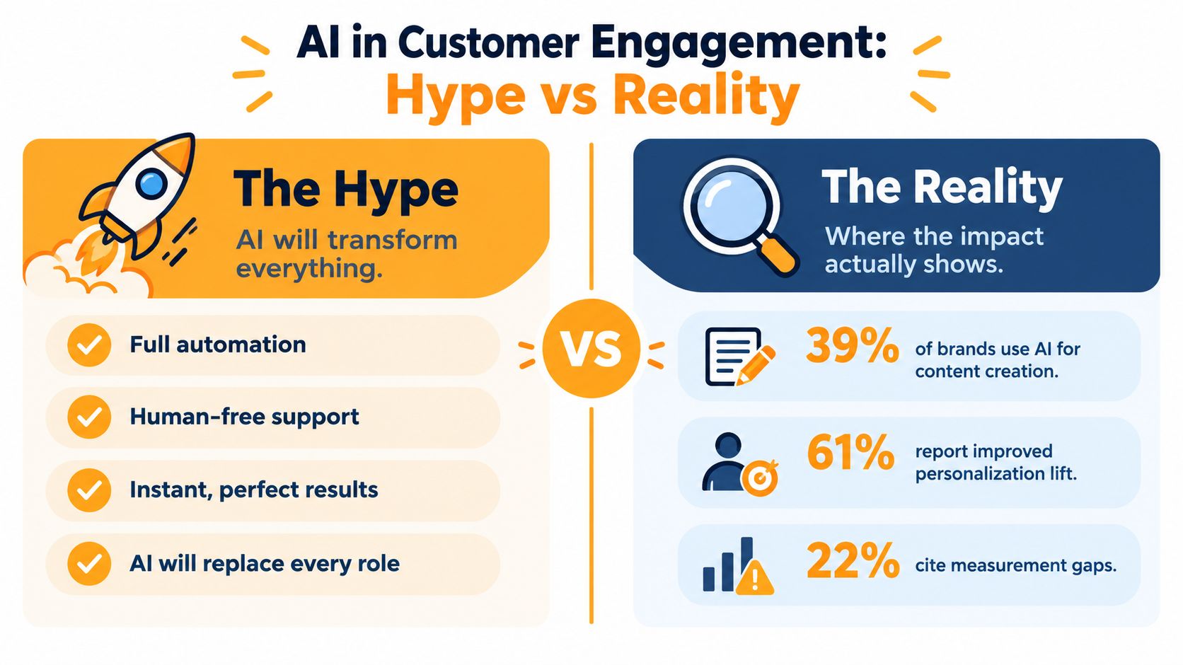 Un’infografica comparativa che mostra l’hype rispetto alla realtà dell’uso dell’IA per le strategie di coinvolgimento dei clienti.