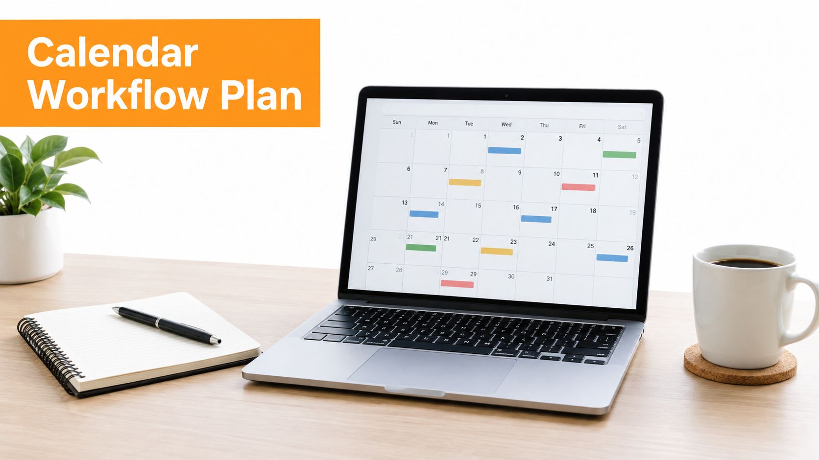 Un espacio de trabajo moderno con un portátil que muestra un calendario mensual digital, una libreta y una taza de café.