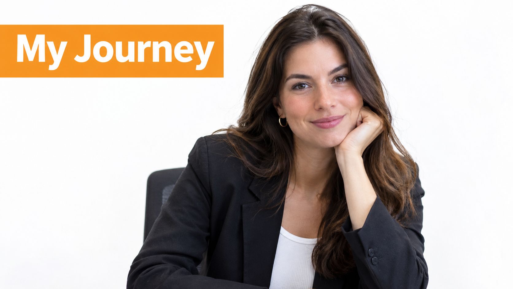 A professional woman in a business blazer sitting at a desk with an orange My Journey banner.