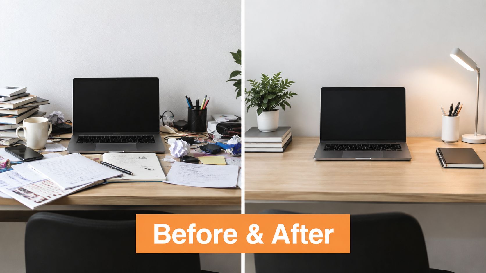 A split image showing a cluttered desk before organizing and a minimalist, clean workspace after organizing.