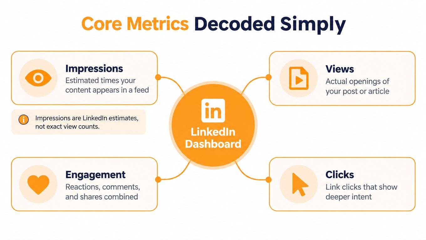 An infographic explaining LinkedIn dashboard metrics including impressions, views, engagement, and clicks with simple definitions.