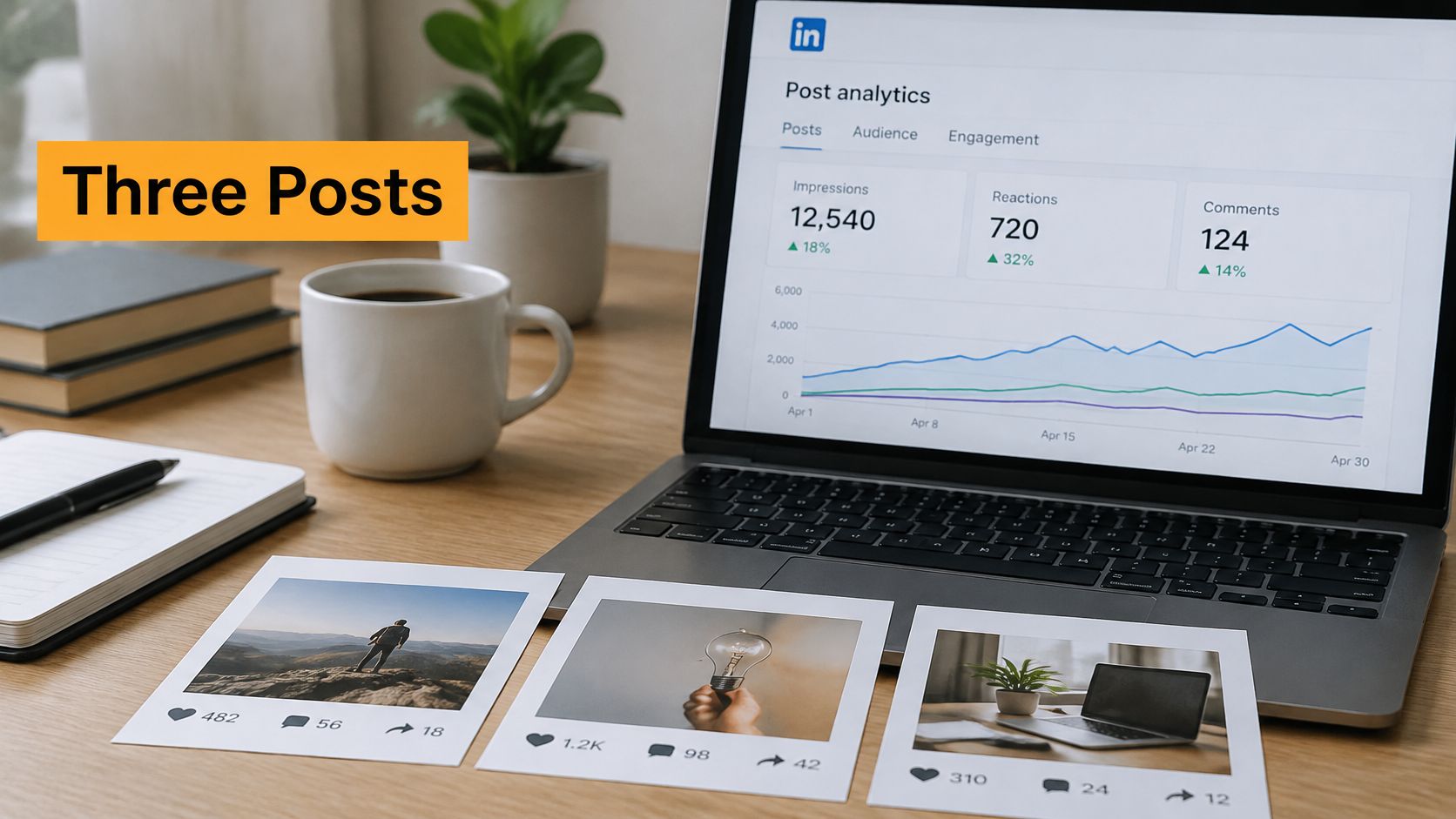 En bærbar computer, der viser LinkedIn-opslagsanalyser sammen med tre trykte fotos, der repræsenterer målinger af engagement på sociale medier.
