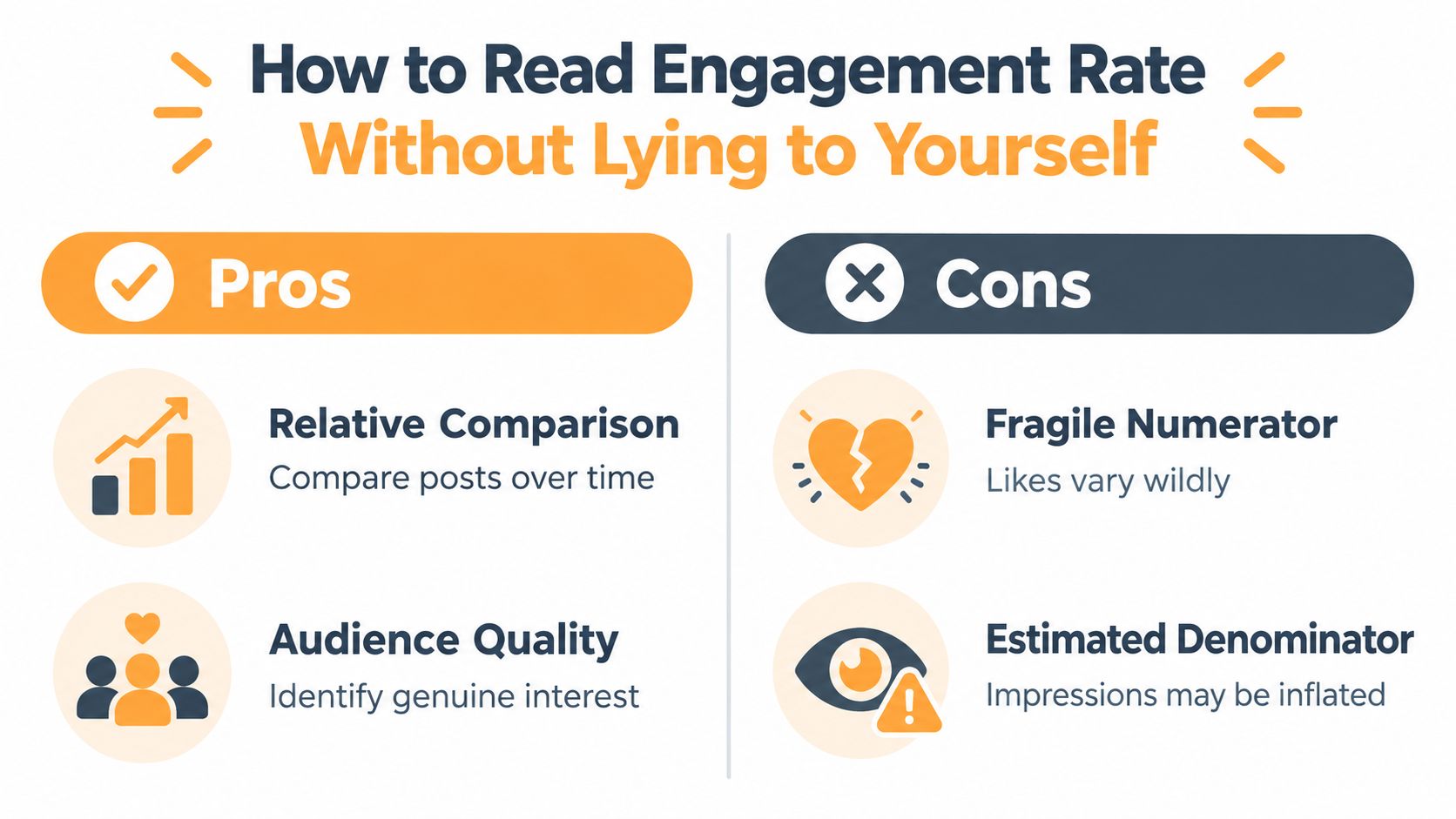 Eine Grafik, die die Vor- und Nachteile von Engagement-Rate-Metriken für Social-Media-Analysen erklärt.