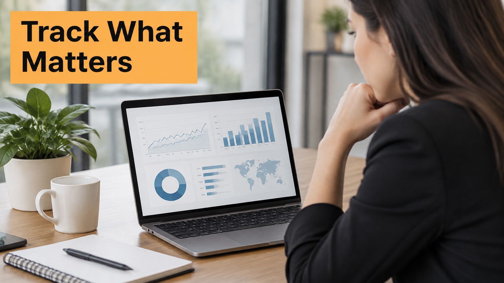 A professional woman looking at data charts and graphs displayed on her laptop screen at her desk.