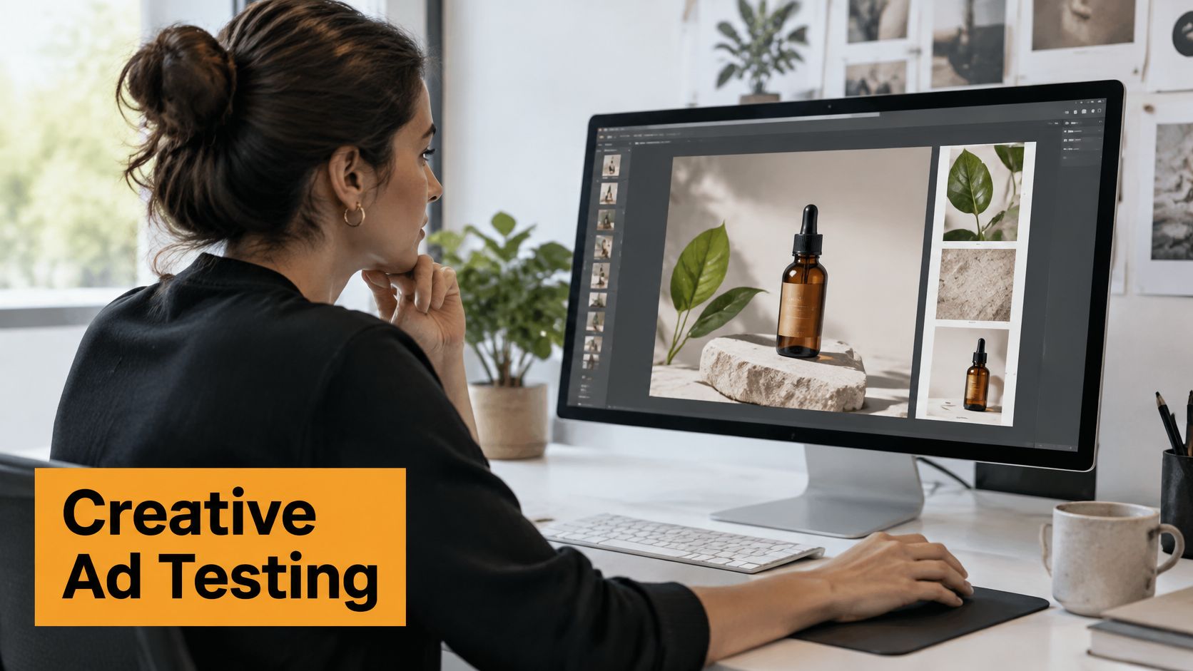 Una diseñadora gráfica trabajando en la edición de fotografía de producto para pruebas creativas de anuncios en un ordenador.