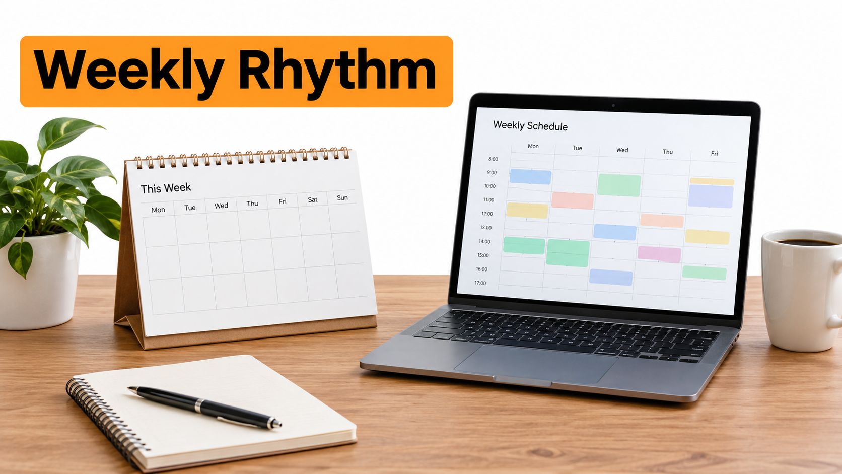 Uno spazio di lavoro moderno con un laptop che mostra un programma settimanale, un calendario da scrivania e un taccuino.