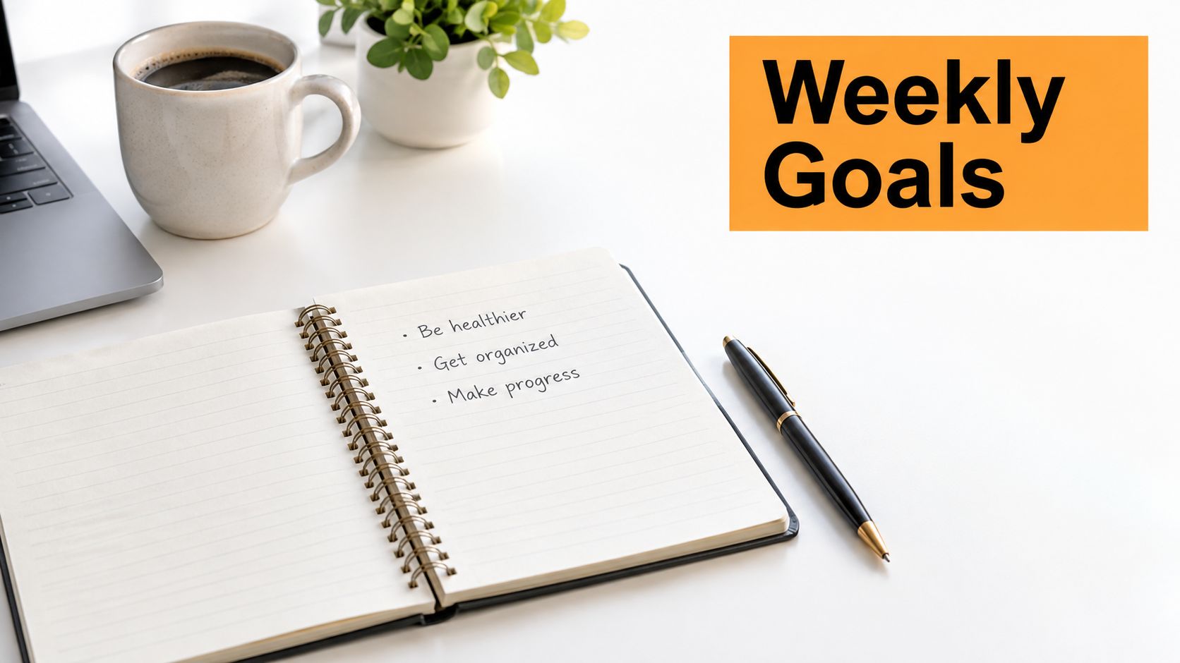A clean desk setup featuring a laptop, coffee, a small plant, and a notebook listing weekly goals.