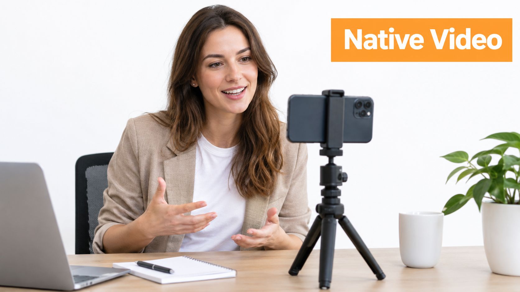 Une femme professionnelle enregistre une vidéo pour les réseaux sociaux à l’aide d’un smartphone sur trépied à son bureau.