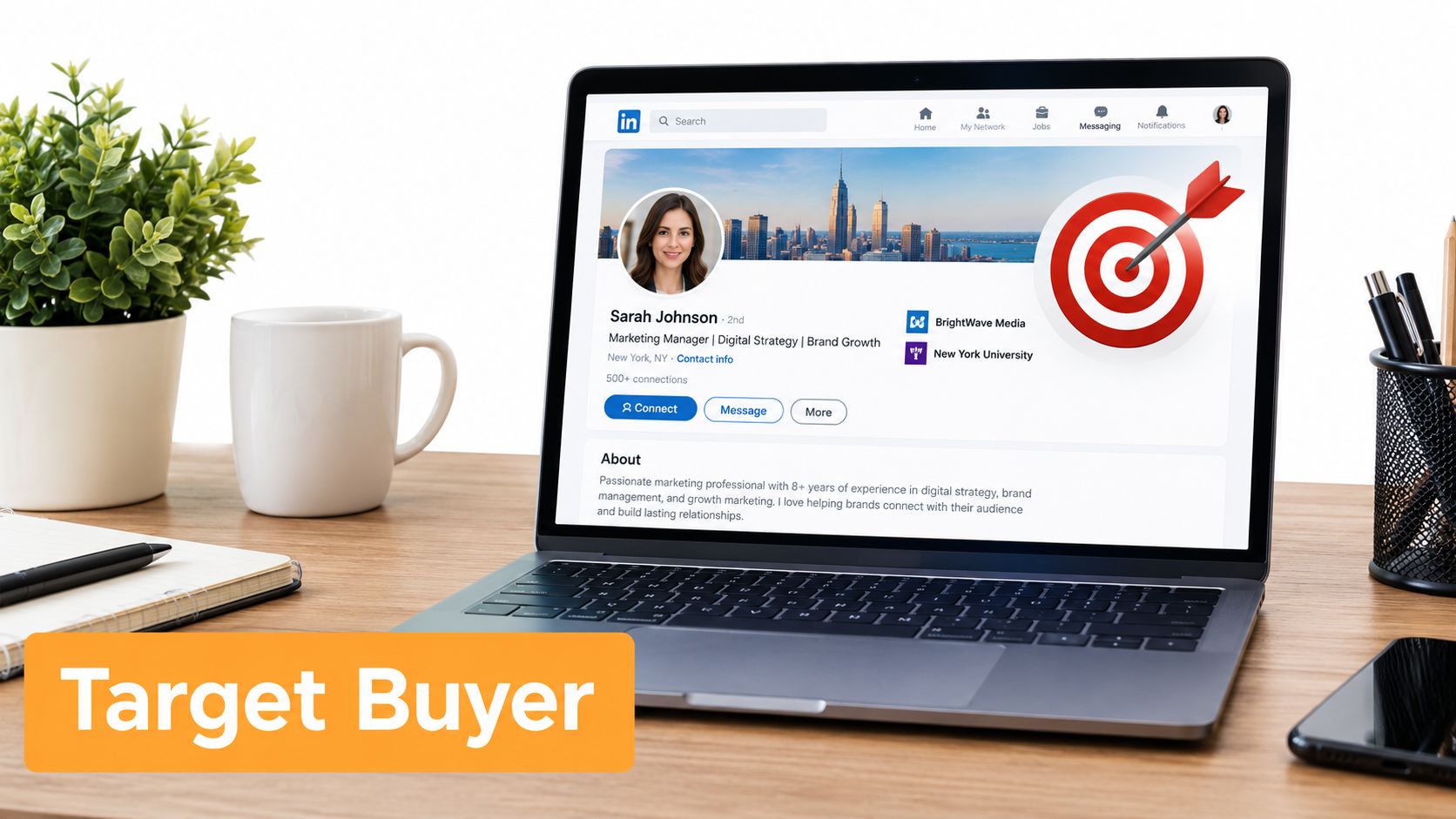 Een professionele laptop op een houten bureau met een LinkedIn-profiel en een doelwit-icoon overlay.