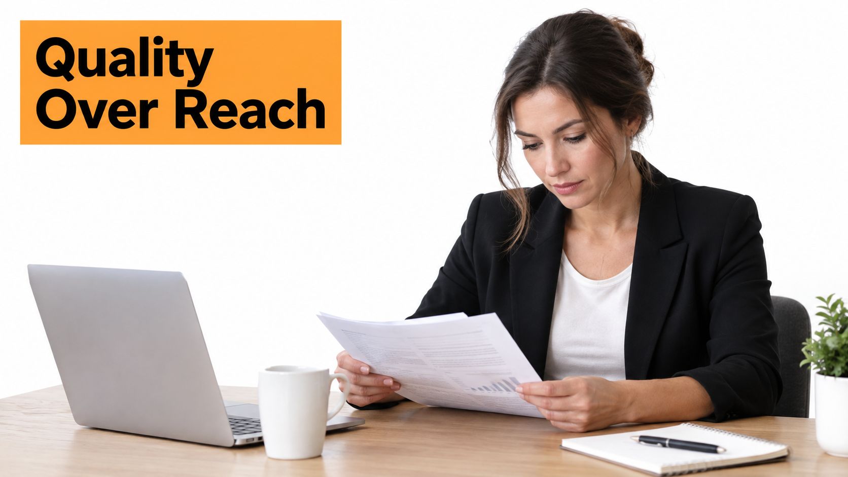 A professional woman in a suit sitting at a desk reviewing documents with a laptop and coffee.