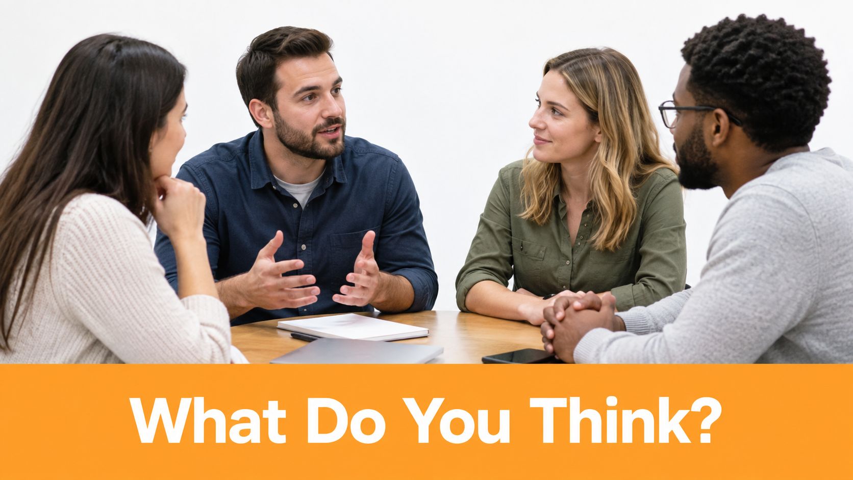 A diverse group of four professionals sitting around a wooden table in a collaborative meeting.