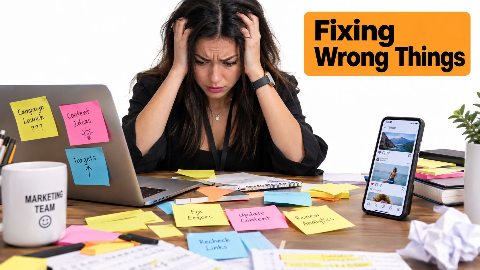 Un professionista del marketing stressato è seduto a una scrivania ingombra, circondato da appunti mentre gestisce contenuti online.