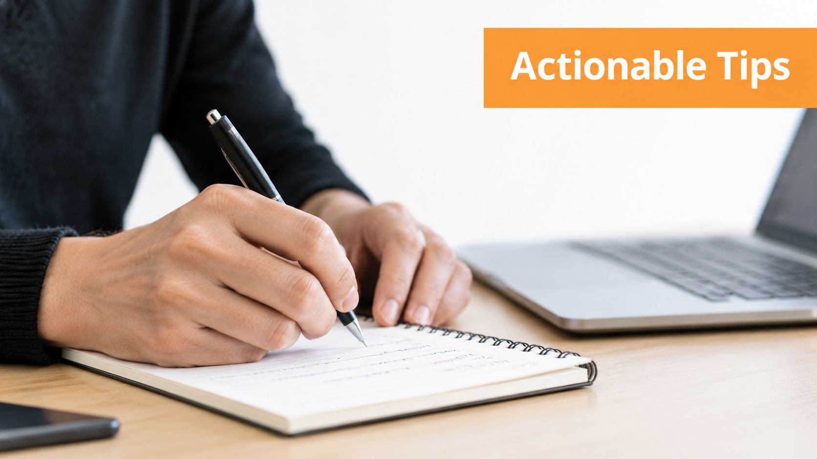 A professional writing in a notebook at a desk with a laptop, highlighted by the text Actionable Tips.
