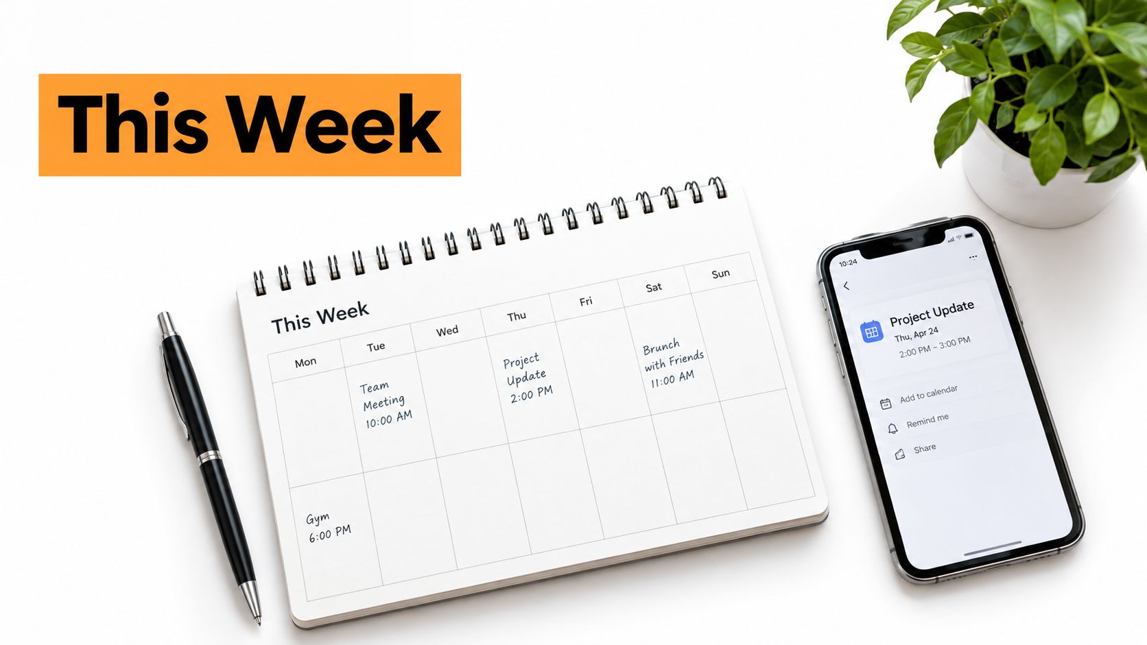 A weekly calendar planner on a desk with a smartphone showing a project update notification.
