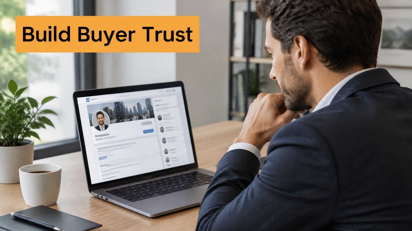 A professional man in a suit looking at a LinkedIn profile page on his laptop screen.