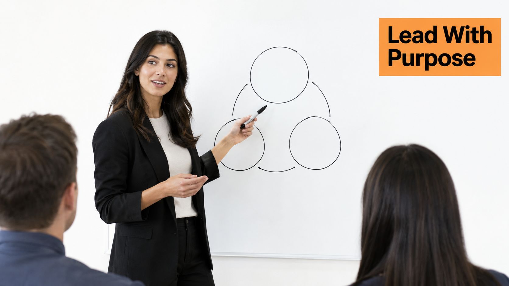 A professional woman presenting business concepts to colleagues on a whiteboard during a leadership workshop.