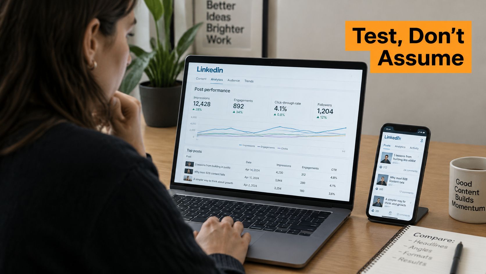 Um profissional analisando o analytics do LinkedIn em uma tela de laptop com um celular e um caderno por perto.
