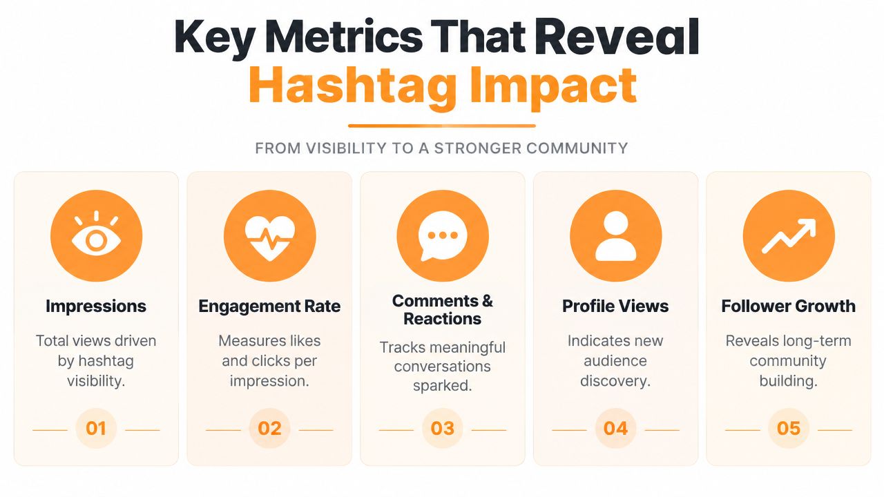 Een infographic met de titel Belangrijke statistieken die hashtagimpact onthullen, met vijf iconen die socialmedia-analytics uitleggen.