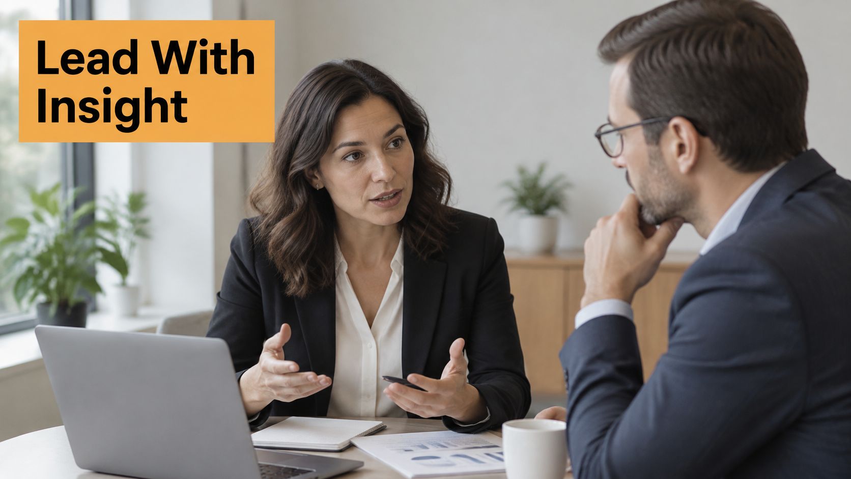 A businesswoman and a businessman having a professional meeting while discussing data at their office desk.