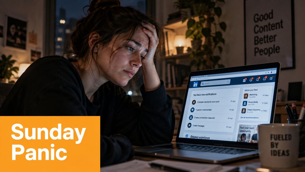 A stressed woman feeling anxious while looking at a social media dashboard on her laptop at night.