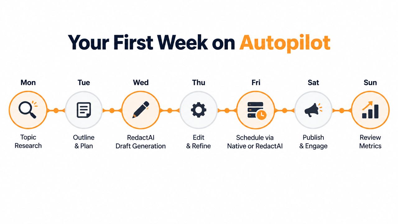 A seven-day weekly calendar timeline showing content creation steps from topic research to reviewing performance metrics.