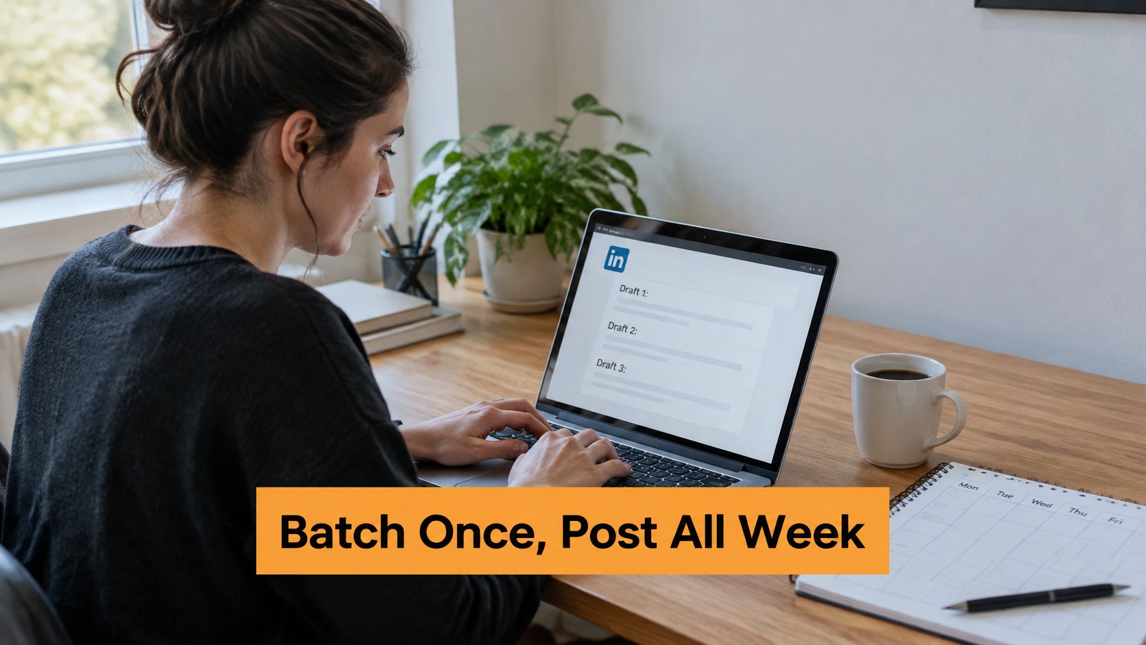 Eine Frau arbeitet an einem Laptop mit LinkedIn-Entwürfen, um Social-Media-Beiträge zu planen und gebündelt zu veröffentlichen.