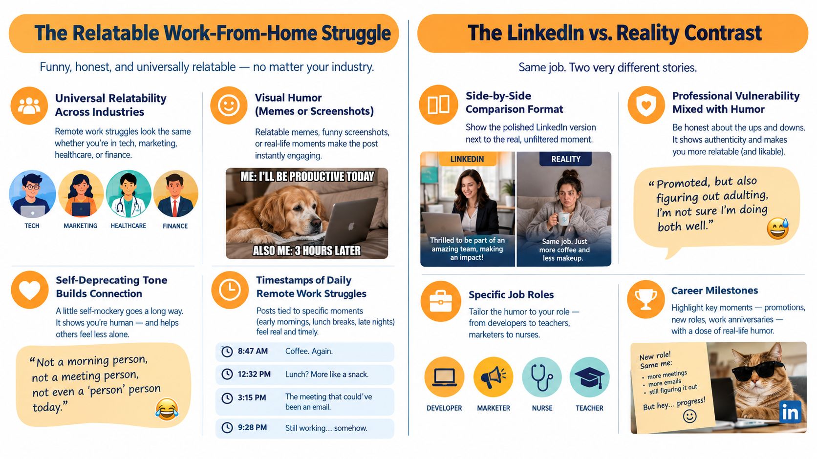 En infografikk som viser tips for å lage gjenkjennelig og morsomt LinkedIn-innhold om utfordringer med hjemmekontor.