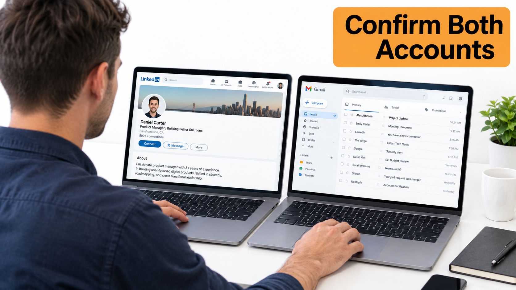 Una persona usa due laptop per visualizzare contemporaneamente il proprio profilo LinkedIn e la casella Gmail alla scrivania.
