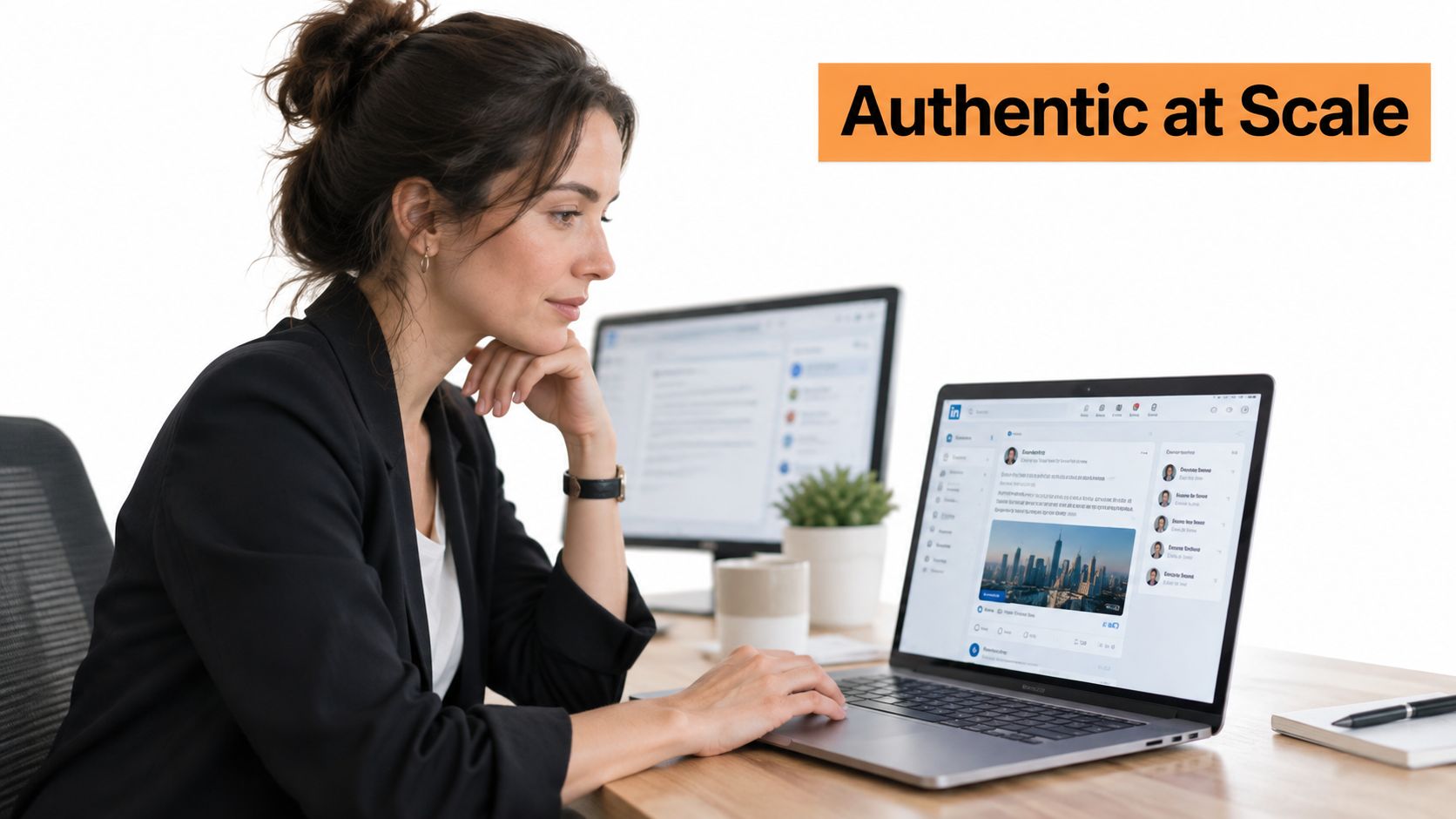 Een professionele vrouw die aan haar laptop werkt met een desktopmonitor in een strakke kantooromgeving.