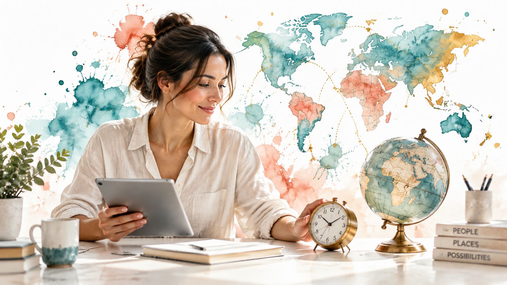 A woman sitting at a desk with a globe, tablet, and clock against a travel map background.