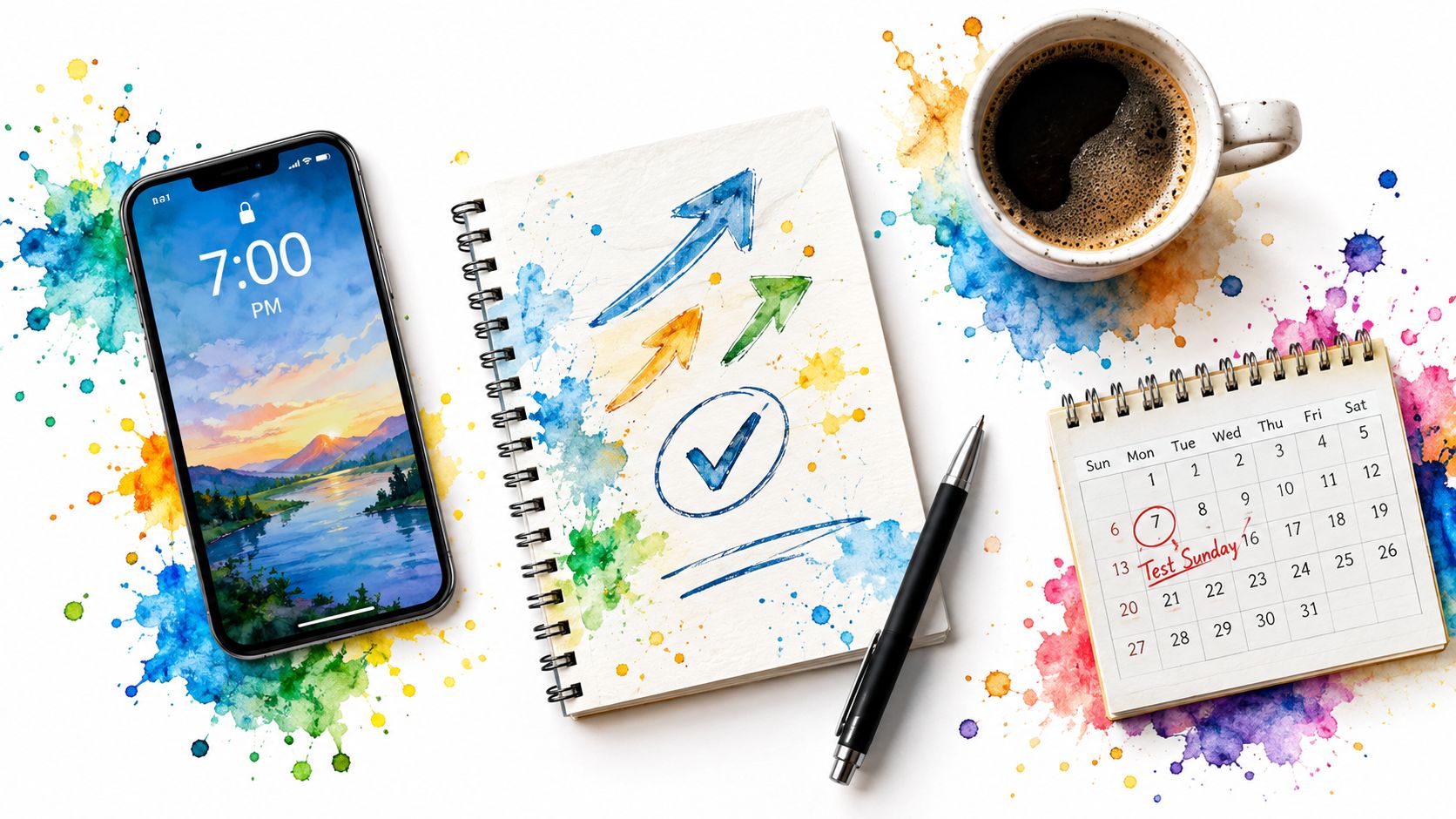A creative workspace featuring a smartphone, a notebook with painted arrows, a pen, and a desk calendar.