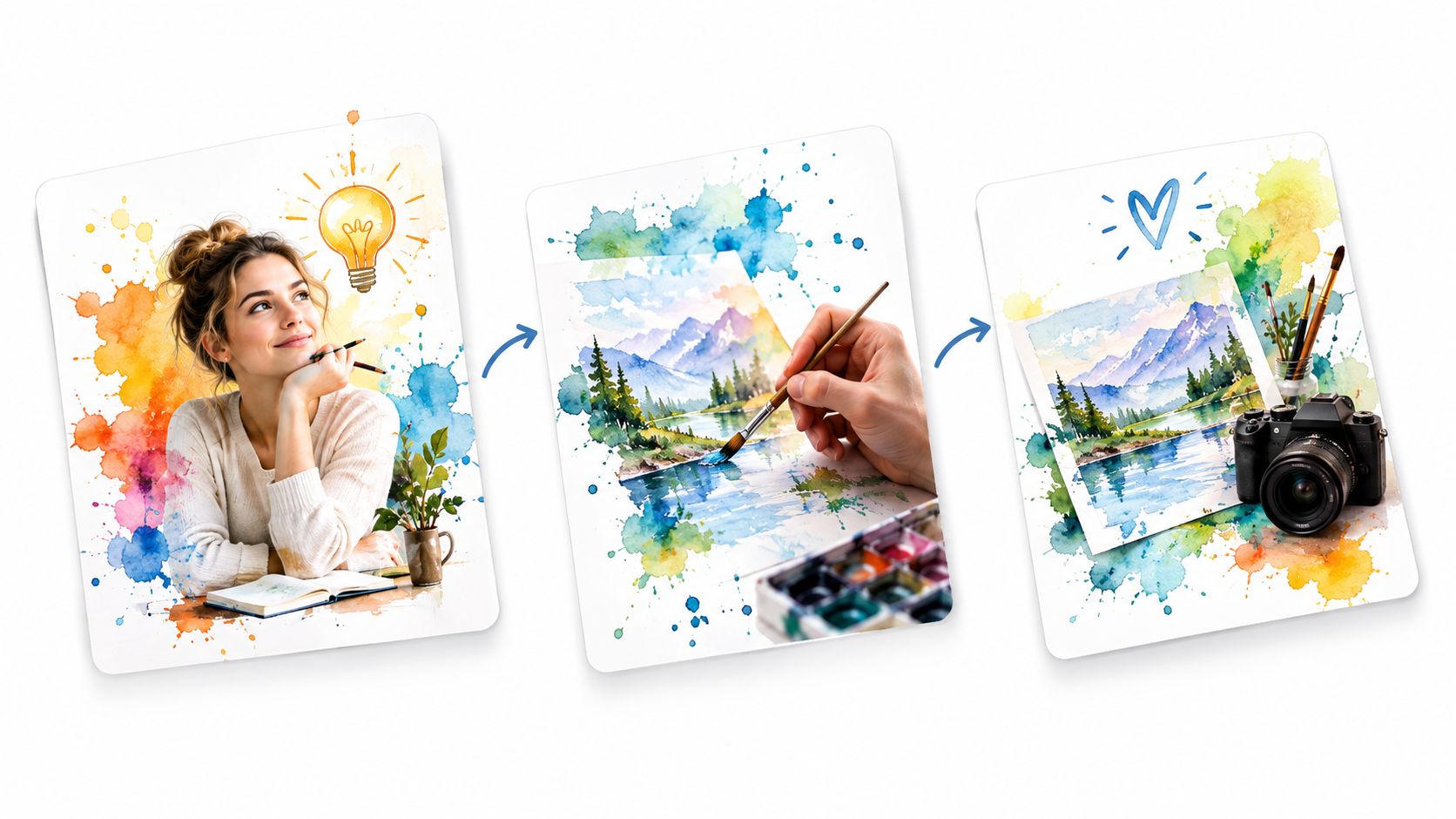 A three-part illustration showing a woman brainstorming, painting a mountain landscape, and the final finished photograph.