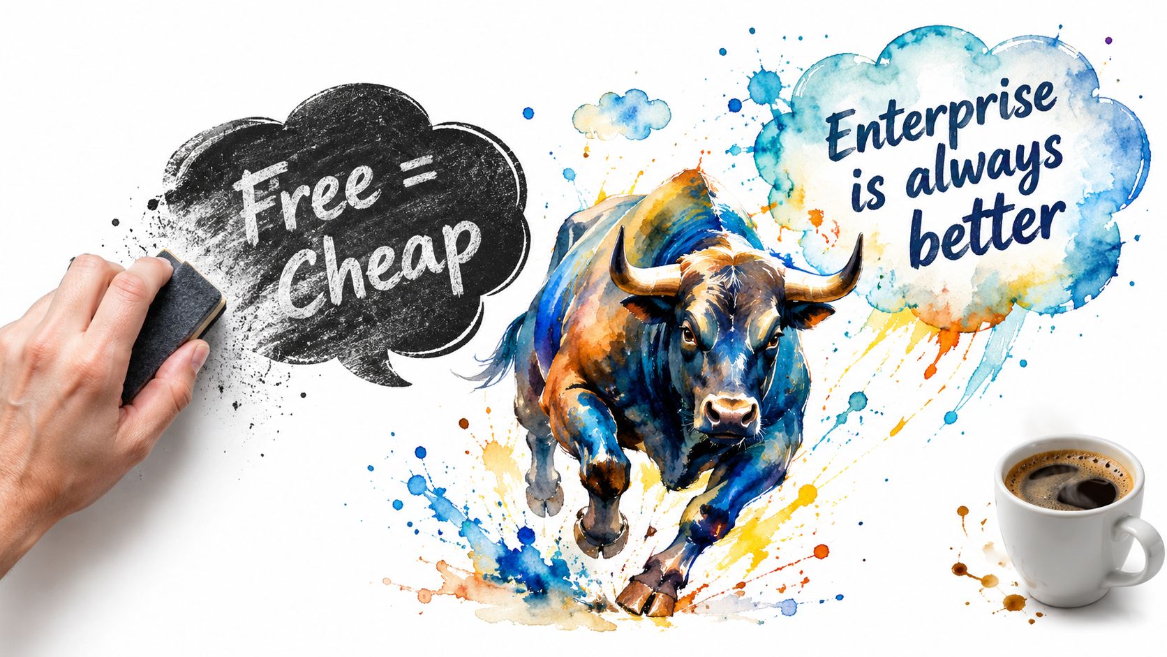 A hand using an eraser on a blackboard speech bubble that says Free Equals Cheap, next to a watercolor bull image with a speech bubble saying Enterprise is always better and a coffee cup.