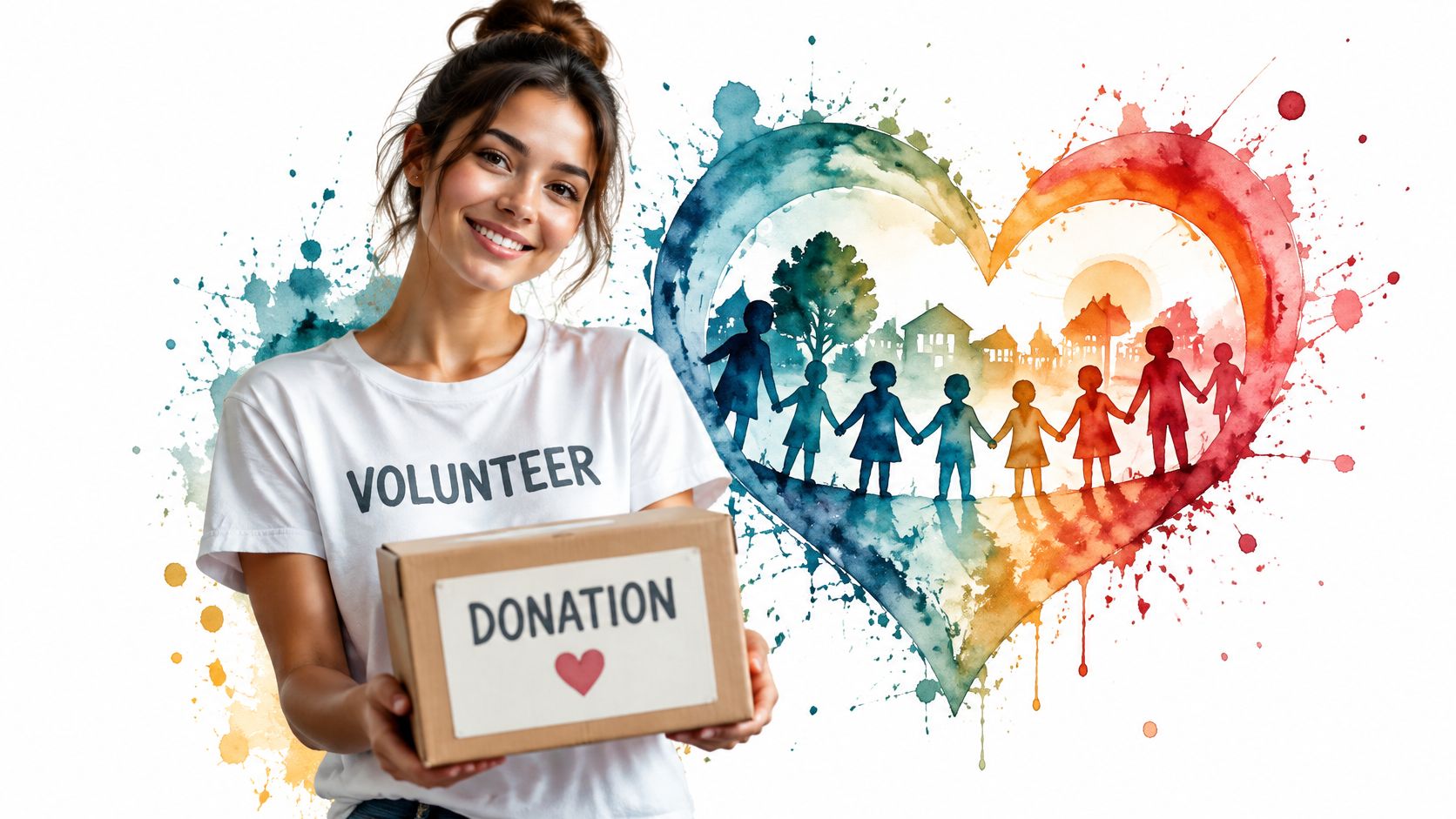 A smiling volunteer holds a donation box in front of a colorful watercolor heart featuring silhouettes of people.