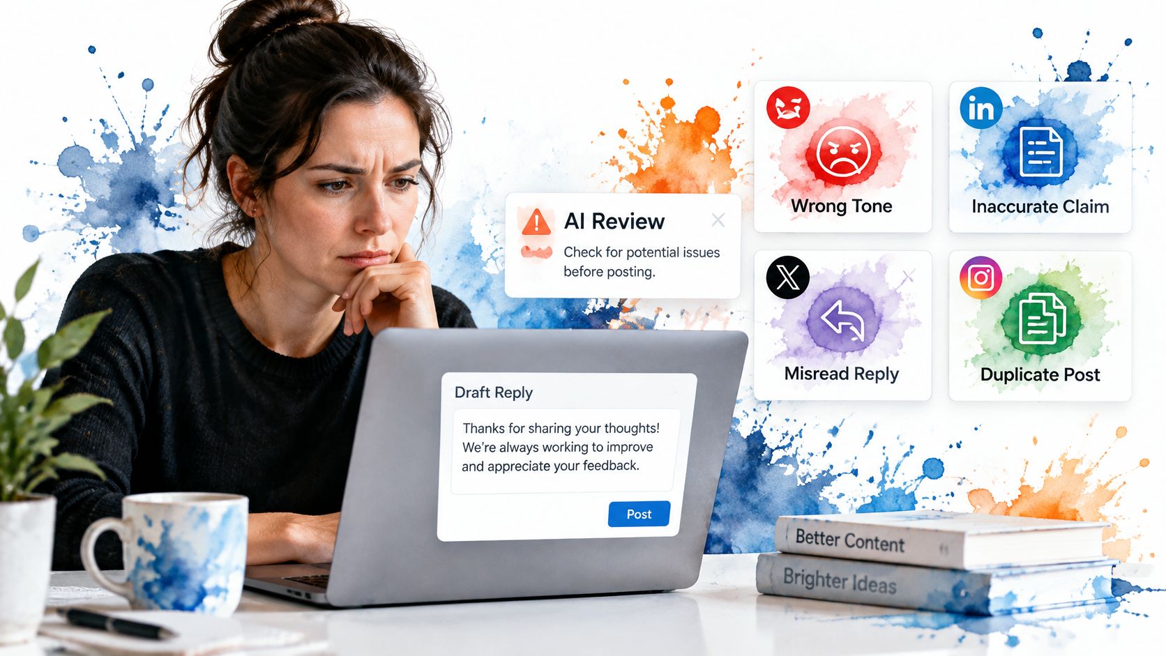 A professional woman reviews an AI-generated draft reply on her laptop with social media notification icons visible.