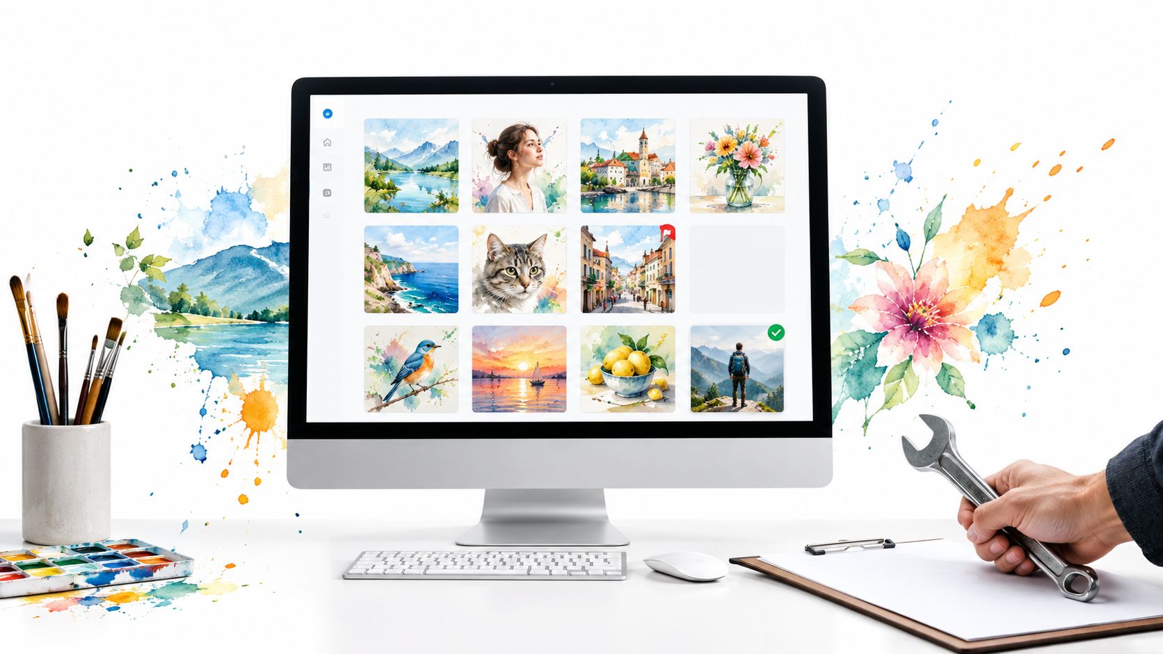 A digital screen displays a gallery of watercolor paintings on a desk with art supplies.