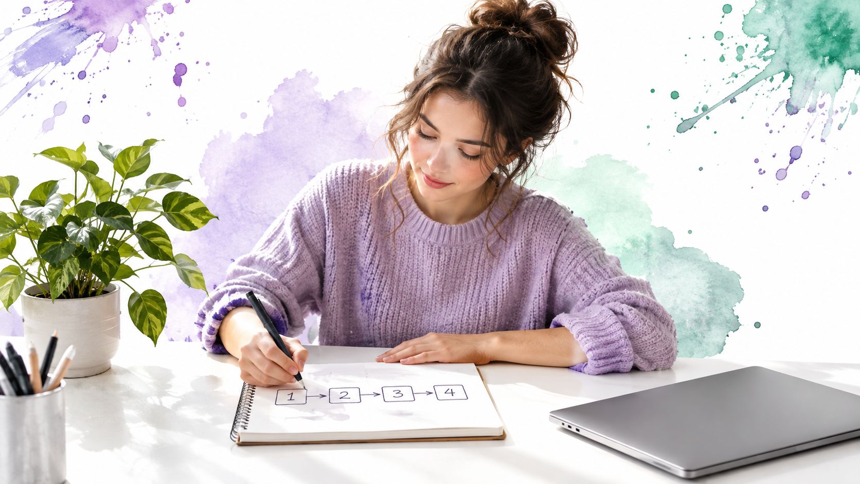 A young woman in a purple sweater draws a numbered process flowchart in a notebook while studying.