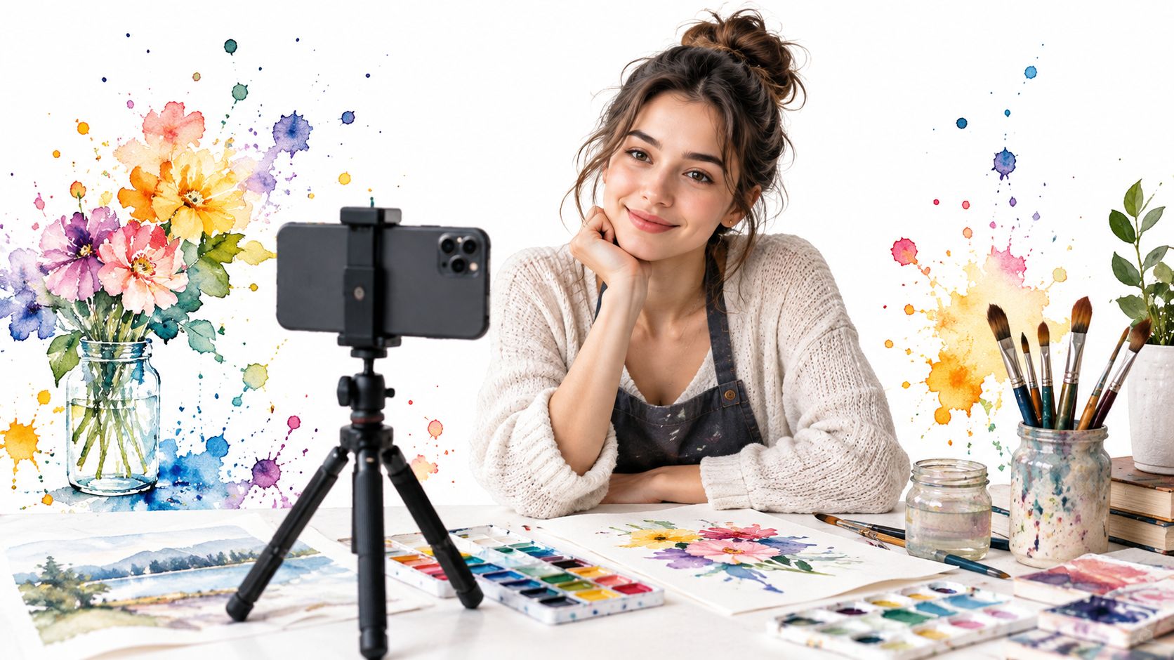 A female artist smiling at her smartphone camera while streaming a live watercolor painting demonstration.