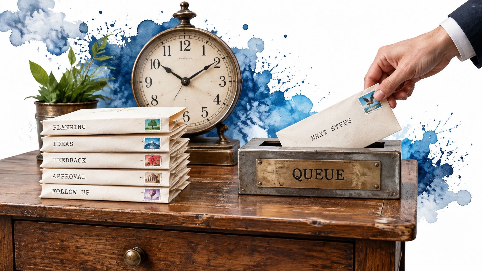 A wooden table featuring a stack of labeled envelopes, a clock, and a person filing a queue document.